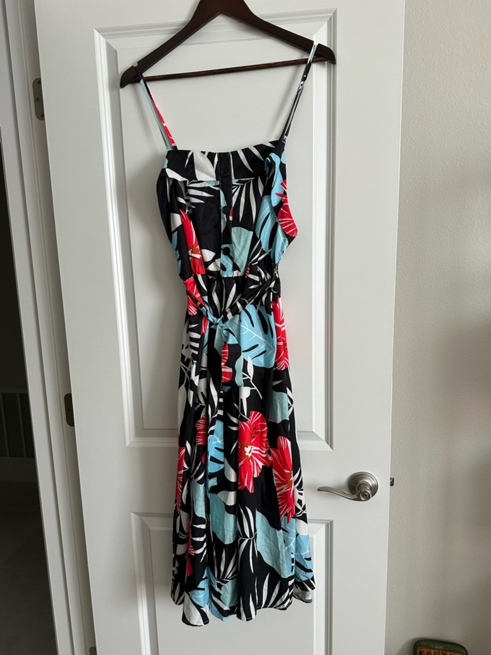 SHEIN Black Maxi Dress with Red & Light Blue Tropical Print
